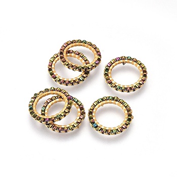 MIYUKI & TOHO Handmade Japanese Seed Beads, with 304 Stainless Steel Link Rings, Loom Pattern, Ring, Golden, Dark Olive Green, 14.5~15x1.7mm