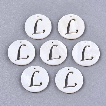 Natural Freshwater Shell Charms, Flat Round with Hollow Out Letter, Letter.L, 14.5x1.5mm, Hole: 0.9mm