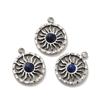 304 Stainless Steel Pave Natural Lapis Lazuli Sun Charms, Stainless Steel Color, 14.5x12x3mm, Hole: 1.4mm