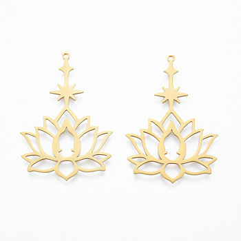 201 Stainless Steel Pendants, Lotus with Star, Real 18K Gold Plated, 44x30x1mm, Hole: 1.4mm