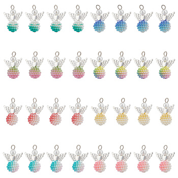 Elite 4 Sets Alloy Pendants, Angel Charm, with Imitation Pearl Acrylic Beads, Mixed Color, 27mm, 32pcs/box