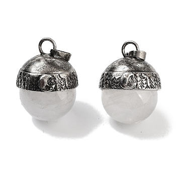 Natural Quartz Crystal Sphere Pendants, Rack Plating Antique Silver Plated Brass Rock Crystal Round Charms, Cadmium Free & Lead Free, 24~27x19.5x20mm, Hole: 6x4mm