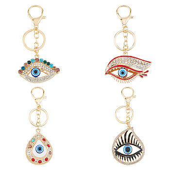 4Pcs 4 Styles Alloy Rhinestone Keychain, with Alloy Key Rings & Lobster Claw Clasps and Resin, Evil Eye/Teardrop, Golden, 12.2cm, 1pc/style