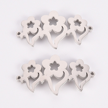304 Stainless Steel Link Connectors, Laser Cut, Flower, Stainless Steel Color, 16.5x30x1.5mm, Hole: 1.2mm