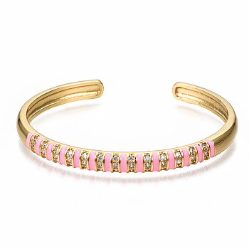 Brass Micro Pave Clear Cubic Zirconia Cuff Bangles, with Enamel, Nickel Free, Real 16K Gold Plated, Pearl Pink, Inner Diameter: 2-3/8x1-3/4 inch(5.9x4.5cm)