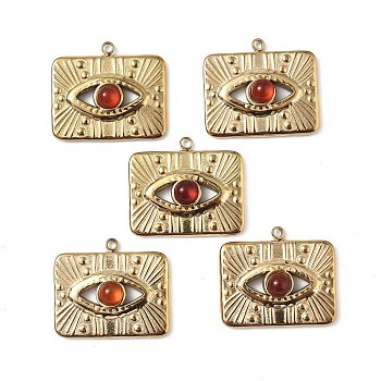 Vacuum Plating 201 Stainless Steel Natural Red Agate Pendants, Real 18K Gold Plated, Rectangle with Eye Charms, 17.5x20.5x4mm, Hole: 1.6mm