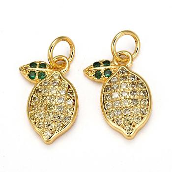 Brass Micro Pave Cubic Zirconia Charms, with Jump Rings, Long-Lasting Plated, Lemon, Lemon Chiffon, Golden, 14x10x3mm, Hole: 1.5mm