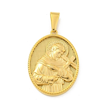 Ion Plating(IP) 304 Stainless Steel Pendants, Oval with Saint Charm, Golden, 35.5x26x4mm, Hole: 9.5x5mm