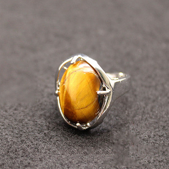 Oval Natural Tiger Eye Adjustable Ring, Platinum Alloy Jewelry for Women, Inner Diameter: 18mm