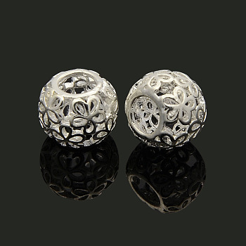 Brass European Beads, Large Hole Rondelle Beads, Hollow, Silver Color Plated, 11x9mm, Hole: 5mm