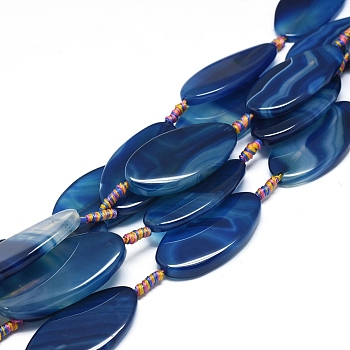 Natural Banded Agate/Striped Agate Beads Strands, Dyed & Heated, Horse Eye, Marine Blue, 48~51x24~27x5~7mm, Hole: 1.8mm, about 7pcs/Strand, 16.93 inch(43cm)