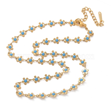 Bohemian 304 Stainless Steel Enamel Deep Sky Blue Flower Link Chain Necklaces for Women(NJEW-Z061-01G)-4