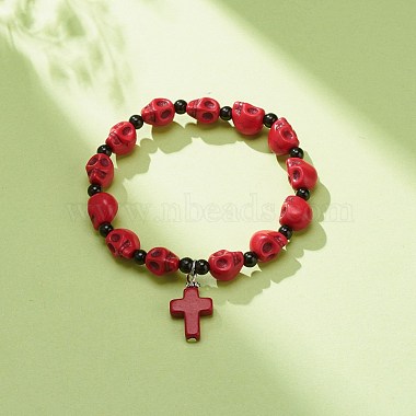 Natural Mashan Jade Skull Beaded Stretch Bracelet with Synthetic Turquoise(Dyed) Cross Charm(BJEW-JB08378-02)-2