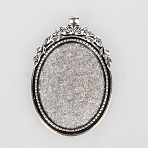 Tibetan Style Alloy Pendant Cabochon Settings, Cadmium Free & Lead Free, Oval, Antique Silver, Tray: 30x40mm, 56x35x2mm, Hole: 4mm(X-TIBEP-N003-40AS)