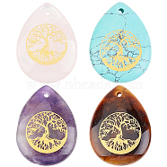 4Pcs 4 Style Natural & Synthetic Gemstone Pendants, Teardrop with Tree of Life Pattern, 32~33.5x25~26x6.5~7.5mm, Hole: 2mm, 1pc/style(G-SC0001-71)