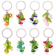 Resin Mushroom & Plastic Leaf Pendant Keychain, with Iron Key Rings, for Car Key Bag Decoration, Mixed Color, 7.2cm, 8 color, 1pc/color, 8pcs/box(KEYC-AB00040)