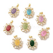 Rack Plating Brass & Crushed Ice Cut Cubic Zirconia Pendants, with Glass Rhinestone, Flower Charm, Real 14K Gold Plated, Long-Lasting Plated, Cadmium Free & Lead Free, Mixed Color, 32x26.5x10mm, Hole: 5.5x3.5mm(KK-H438-06G-A)