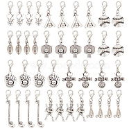 Sports Theme Tibetan Style Alloy Pendant Decoration, with Lobster Claw Clasps, Mixed Shapes, Antique Silver, 28~45mm, 10 style, 4pcs/style, 40pcs/set(HJEW-AB00413)