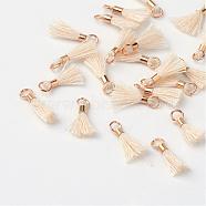Polycotton(Polyester Cotton) Tassel Pendant Decorations, with Unwelded Iron Jump Rings, Golden, PapayaWhip, 10~16x2mm, Hole: 1.5mm(OCOR-S102-19)