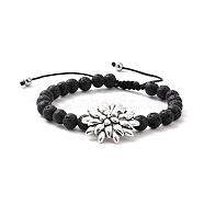 Natural Lava Rock & Synthetic Hematite Braided Bead Bracelet with Alloy Lotus, Essential Oil Gemstone Jewelry for Women, Inner Diameter: 2-3/8~3-1/4 inch(6~8.2cm)(BJEW-JB08466)