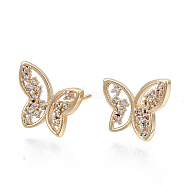 Brass Micro Pave Clear Cubic Zirconia Stud Earrings, Nickel Free, Butterfly, Real 18K Gold Plated, 12x13mm, Pin: 0.8mm(EJEW-N014-01-NF)