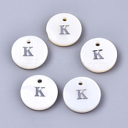Natural Freshwater Shell Pendants, with Platinum Plated Iron Etched Metal Embellishments, Flat Round with Initial Letter, White, Letter.K, 11x2mm, Hole: 1.5mm(X-SHEL-Q018-01A-K-P)