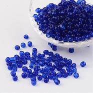 6/0 Glass Seed Beads, Transparent, Round, Blue, 4mm, hole: 1.5mm, about 496pcs/50g(X-SEED-A004-4mm-8)