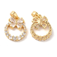 Brass Cubic Zirconia Pendants, Ring with Butterfly, Real 18K Gold Plated, 17x13.5x3.5mm, Hole: 2.5x4mm(KK-M243-41G)
