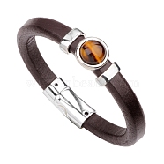 Natural Tiger Eye Flat Round Link Bracelet with Imitetion Leather Cords and Metal Magnetic Clasps, 9-1/4 inch(23.5cm)(PW-WG93132-01)