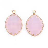 Glass Pendants, with Golden Tone Brass Findings, Imitation Jade, Faceted, Oval, Pink, 28.5x19x5mm, Hole: 2mm(GLAA-Q088-002)