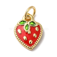 Rack Plating Brass Enamel Charms, with Jump Ring, Long-Lasting Plated, Lead Free & Cadmium Free, Real 18K Gold Plated, Strawberry Charm, Red, 12x9x2mm, Hole: 3.5mm(X-KK-B092-25G)