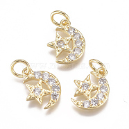 Brass Micro Pave Cubic Zirconia Charms, with Jump Ring, Long-Lasting Plated, Moon with Star, Clear, Real 18K Gold Plated, 12x9x2mm, Hole: 3mm(X-ZIRC-F111-20G)