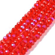 Electroplate Glass Beads Strands, Half Rainbow Plated, Faceted, Rondelle, Red, 4x3mm, Hole: 0.4mm, about 123~127pcs/strand, 16.5~16.9 inch(42~43cm)(EGLA-A034-T4mm-L05)