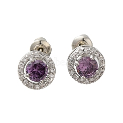 Rack Plating Brass Micro Pave Cubic Zirconia Earrings, Long-lasting Plated, Carat Round Shape, Medium Purple, 9mm(EJEW-I304-19P-05)