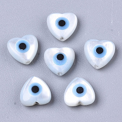 Natural White Shell Mother of Pearl Shell Beads, with Synthetic Turquoise, Heart with Evil Eye, Deep Sky Blue, 6x6x3mm, Hole: 0.7mm(SSHEL-N034-52)