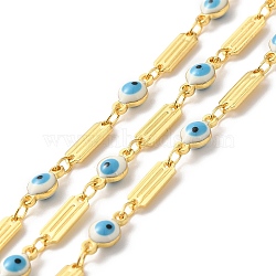 Handmade Enamel Evil Eye Beaded Chains, Real 18K Gold Plated Brass Rectangle Link Chains, Soldered, with Spool, Cadmium Free & Lead Free, Sky Blue, Rectangle: 9.5x3.5x1mm, Evil Eye: 9x4.5x3mm(CHC-M024-06G)
