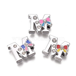 Alloy Enamel Letter Slide Charms, with Clear Cubic Ziconia, Cadmium Free & Lead Free, Initial Letters Style with Bowknot, Letter.M, M: 12.5x15.5x5.5mm, Hole: 1.5mm(X-PALLOY-K241-M)