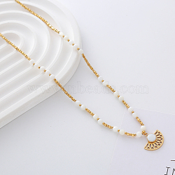 Fan Stainless Steel Pendant Neacklaces, Natural Shell Beaded Necklaces for Women, Real 18K Gold Plated, 17.32 inch(44cm)(VW2657-3)