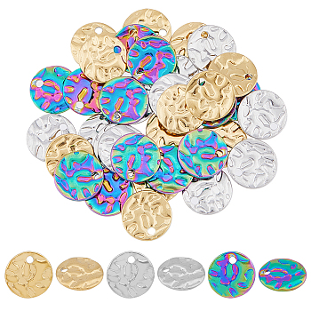 36Pcs 3 Colors 304 Stainless Steel Charms, Textured, Flat Round Charm, Mixed Color, 10x1mm, Hole: 1.4mm, 12pcs/color
