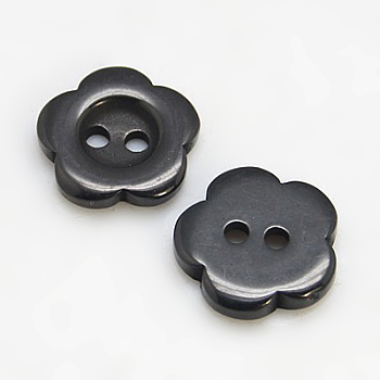 Resin Buttons, Dyed, Flower, Black, 11x2.4mm, Hole: 1.6~1.8mm, about 1000pcs/bag
