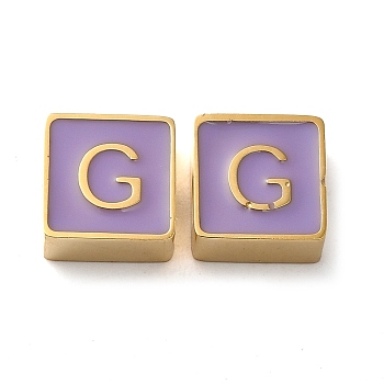 304 Stainless Steel Enamel Beads, Real 14K Gold Plated, Square with Letter, Letter G, 8x8x4mm, Hole: 2mm