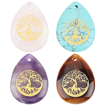 4Pcs 4 Style Natural & Synthetic Gemstone Pendants, Teardrop with Tree of Life Pattern, 32~33.5x25~26x6.5~7.5mm, Hole: 2mm, 1pc/style