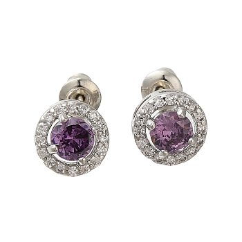 Rack Plating Brass Micro Pave Cubic Zirconia Earrings, Long-lasting Plated, Carat Round Shape, Medium Purple, 9mm