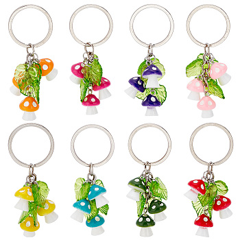 Resin Mushroom & Plastic Leaf Pendant Keychain, with Iron Key Rings, for Car Key Bag Decoration, Mixed Color, 7.2cm, 8 color, 1pc/color, 8pcs/box