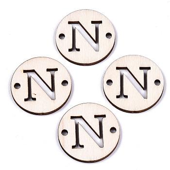 Unfinished Natural Poplar Wood Links Connectors, Laser Cut, Flat Round with Word, Letter.N, 29.5x2.5mm, Hole: 2.5mm