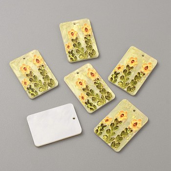 Embossed Printed Acrylic Pendants, Rectangle with Flower, Gold, 36x25x2.5mm, Hole: 1.8mm