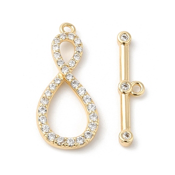 Brass Micro Pave Clear Cubic Zirconia Toggle Clasps, Infinity, Real 18K Gold Plated, Infinity: 22x10x3mm, Hole: 1.2mm, Bar: 20x4.5x2mm, Hole: 1.2mm