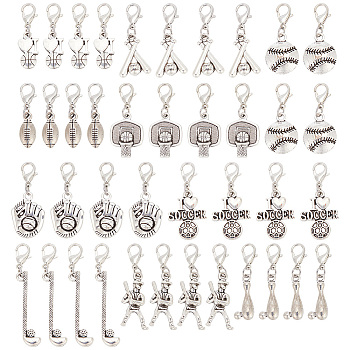 Sports Theme Tibetan Style Alloy Pendant Decoration, with Lobster Claw Clasps, Mixed Shapes, Antique Silver, 28~45mm, 10 style, 4pcs/style, 40pcs/set
