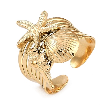 304 Stainless Steel Open Cuff Rings for Women, Starfish & Shell, Real 18K Gold Plated, Adjustable