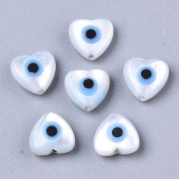 Natural White Shell Mother of Pearl Shell Beads, with Synthetic Turquoise, Heart with Evil Eye, Deep Sky Blue, 6x6x3mm, Hole: 0.7mm